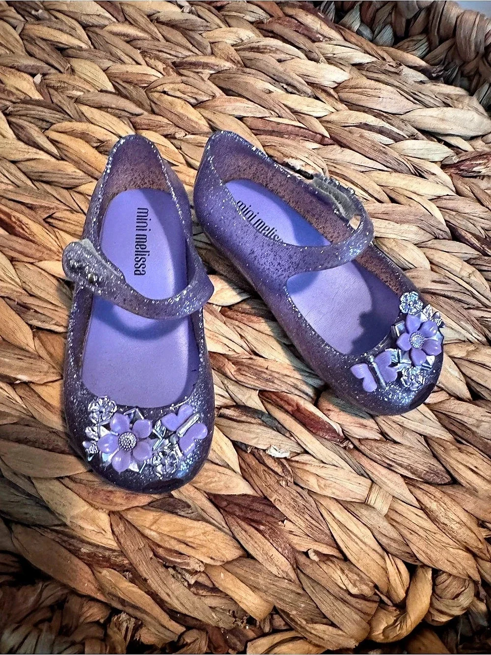 mini melissa Purple Glitter Flower Mary Jane Shoes